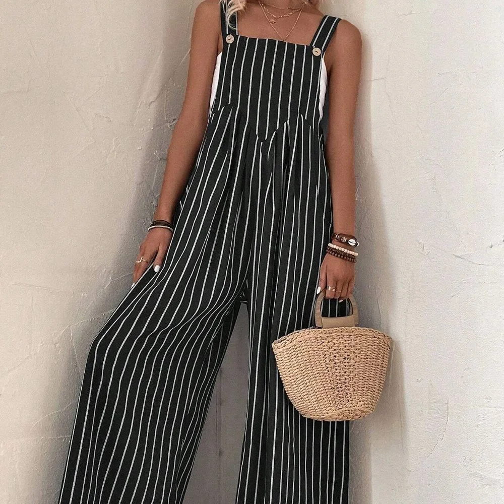 Black Casual Womens Striped Print Slant Pocket Wide Leg Overalls Without Top - Picture 5 of 5
